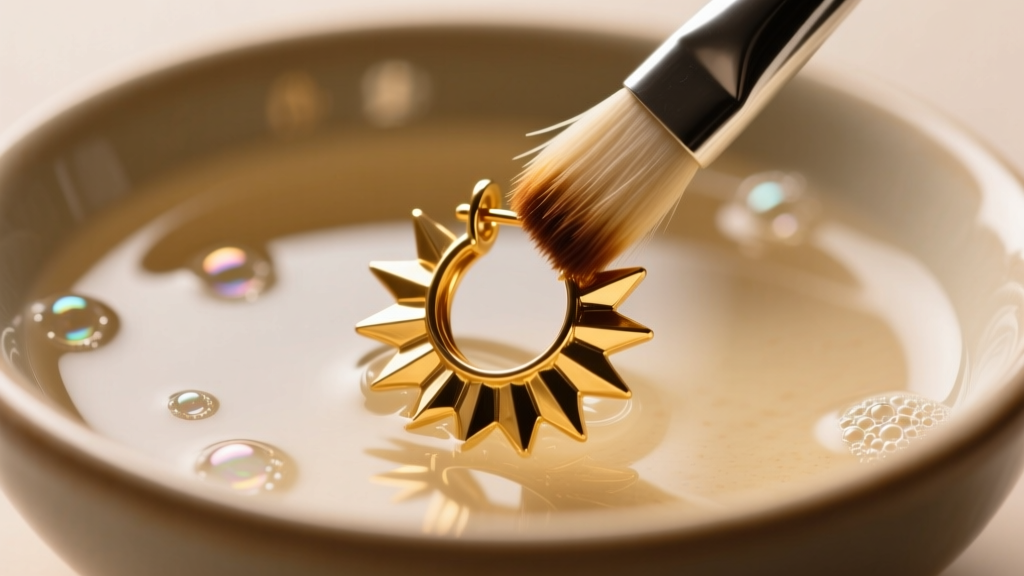 Soft brush gently scrubbing the crevices of a gold sunburst earring in a bowl of warm soapy water under bright studio lighting.