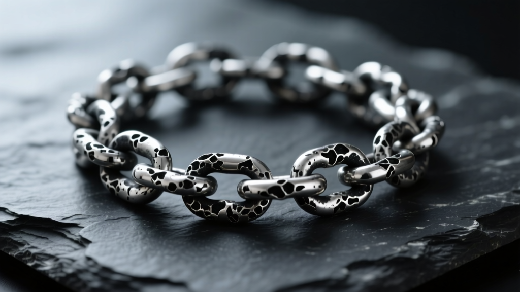 Macro shot of a tarnished sterling silver chain on dark slate, highlighting black silver sulfide oxidation patterns and textures.
