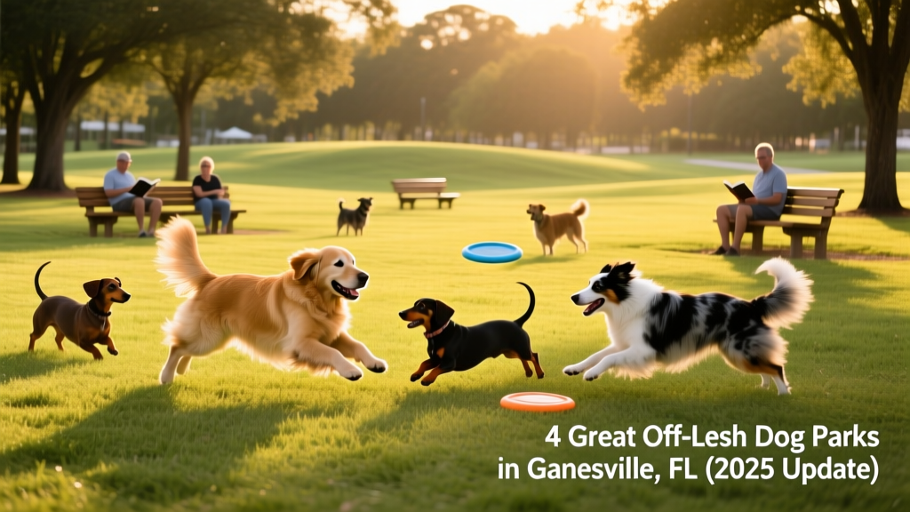 A sunny, grassy dog park with dogs playing, trees lining the perimeter, and owners relaxing on benches