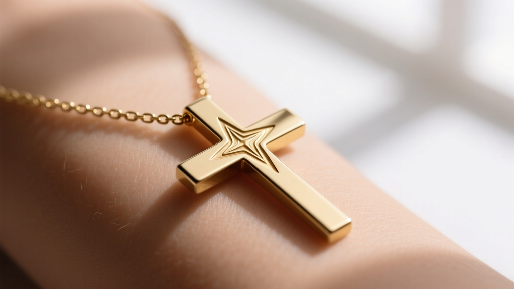 Close-up of a 14k gold horizontal cross necklace on skin, featuring a sideways design and a delicate 1.2mm box chain.