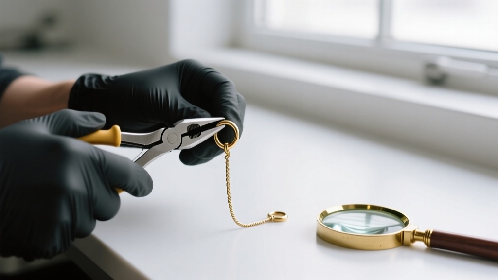 Jeweler using nylon-jaw pliers to gently close a 4mm jump ring on a gold-plated brass cable chain, with a magnifying loupe nearby.