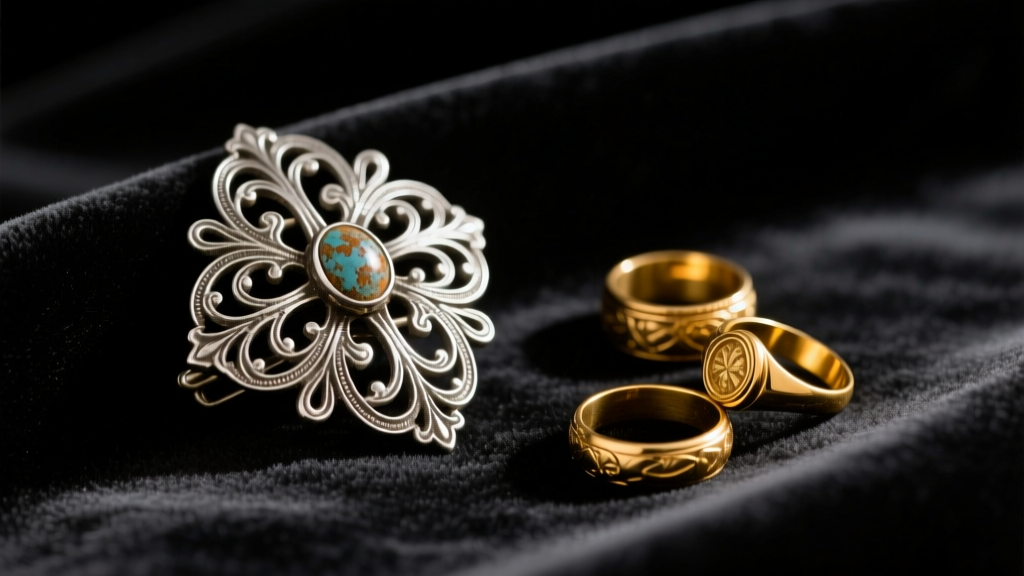Tarnished vintage thrifted jewelry including an ornate silver brooch and gold rings resting on a dark velvet jeweler's tray in soft light