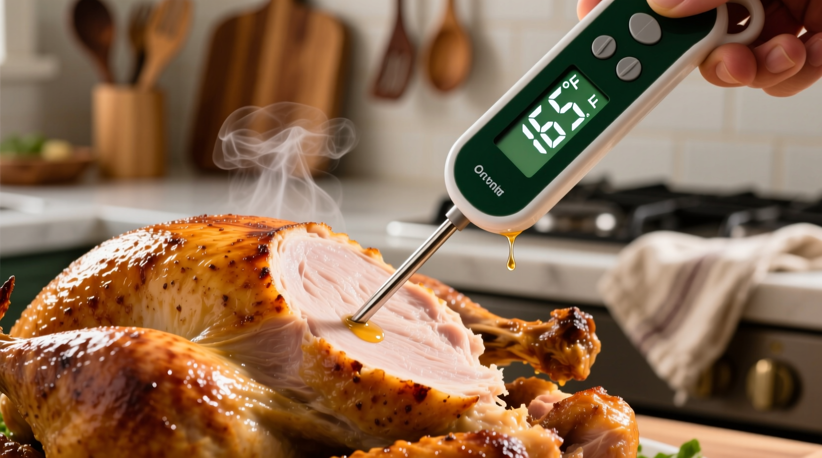 Food thermometer showing 165 degrees in turkey breast