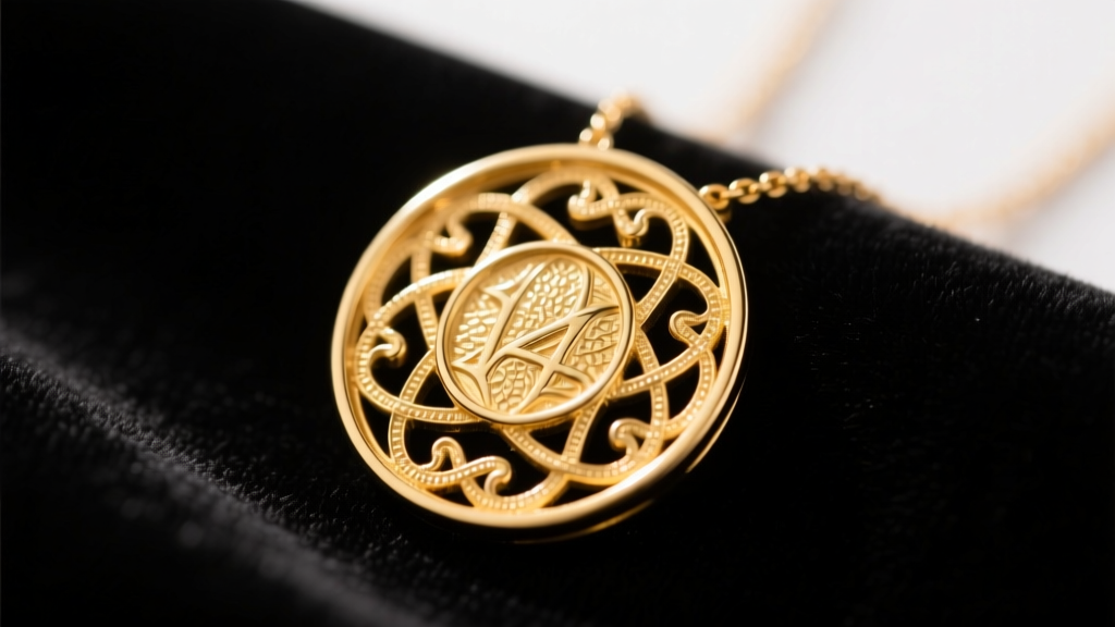Close-up of a tangled 14k yellow gold circular medallion necklace on dark velvet, illuminated by soft directional studio lighting
