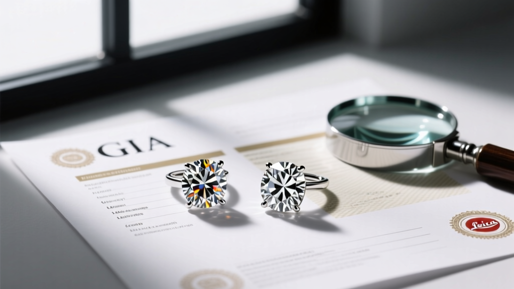 Natural and lab-grown 2-carat diamond pendants on a GIA report, with a jewelers loupe resting nearby in soft studio lighting