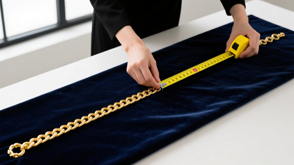 Overhead view of a jeweler using a yellow fiberglass tape to measure an 18-inch gold cable chain on a dark velvet pad