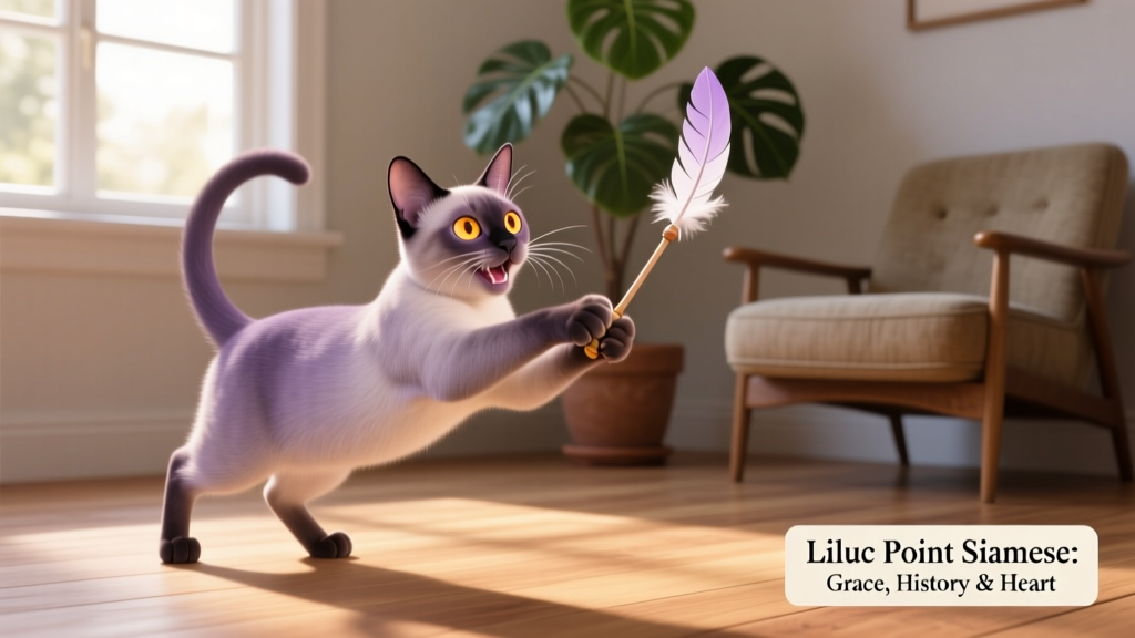 A playful Lilac Point Siamese batting at a feather wand toy, showcasing its agility and expressive facial features