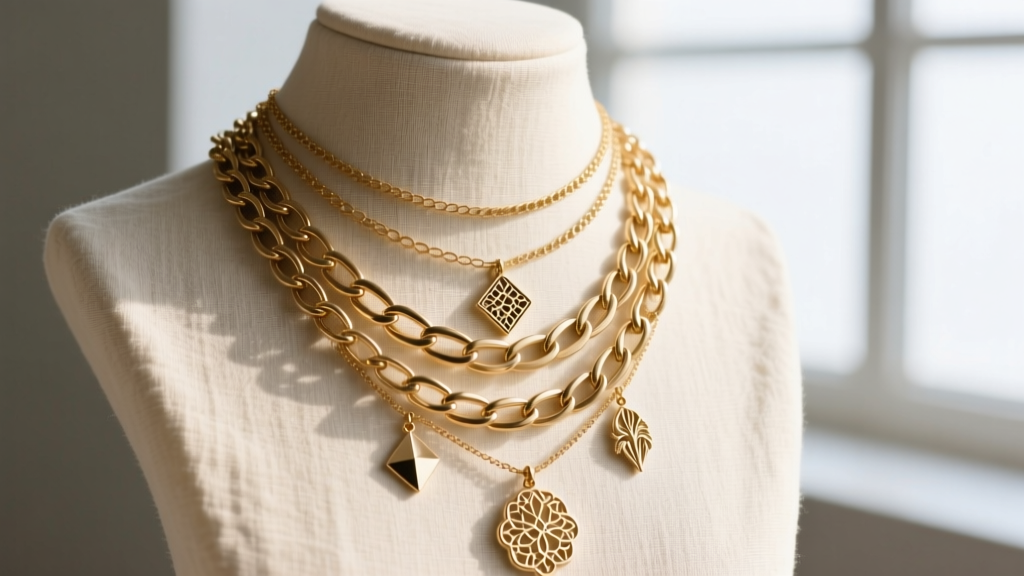 Macro shot of layered gold-toned brass necklaces on a linen bust, showing varying chain link thicknesses and delicate pendants.