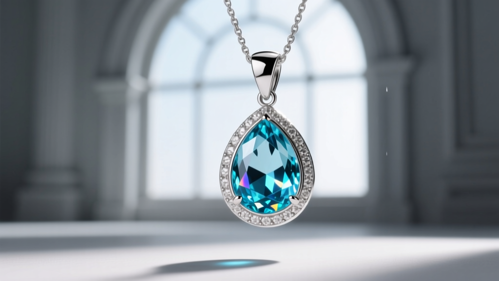 Macro shot of a platinum raindrop pendant featuring a bezel-set briolette aquamarine gemstone catching natural window light