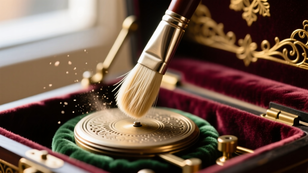 Close-up of a soft horsehair brush gently dusting the delicate flocked velvet interior of a vintage holiday music box.