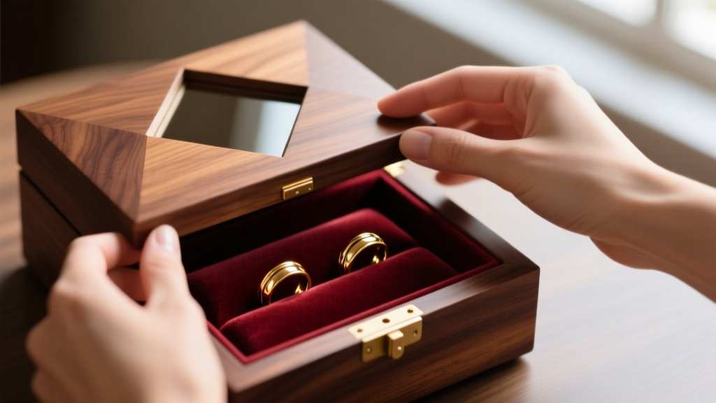 Close-up of hands sliding a hidden geometric wooden panel on a walnut puzzle box, revealing a velvet compartment holding gold rings