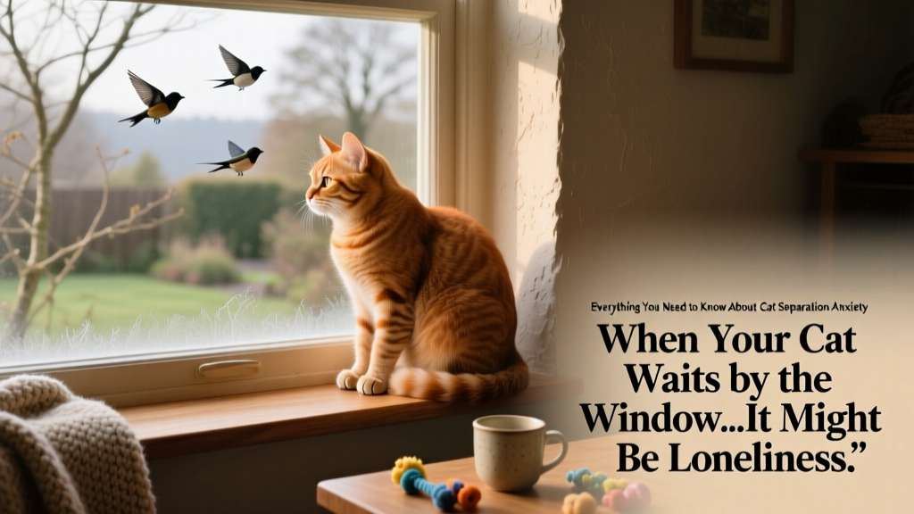Ginger cat sitting quietly beside a window perch, watching birds outside
