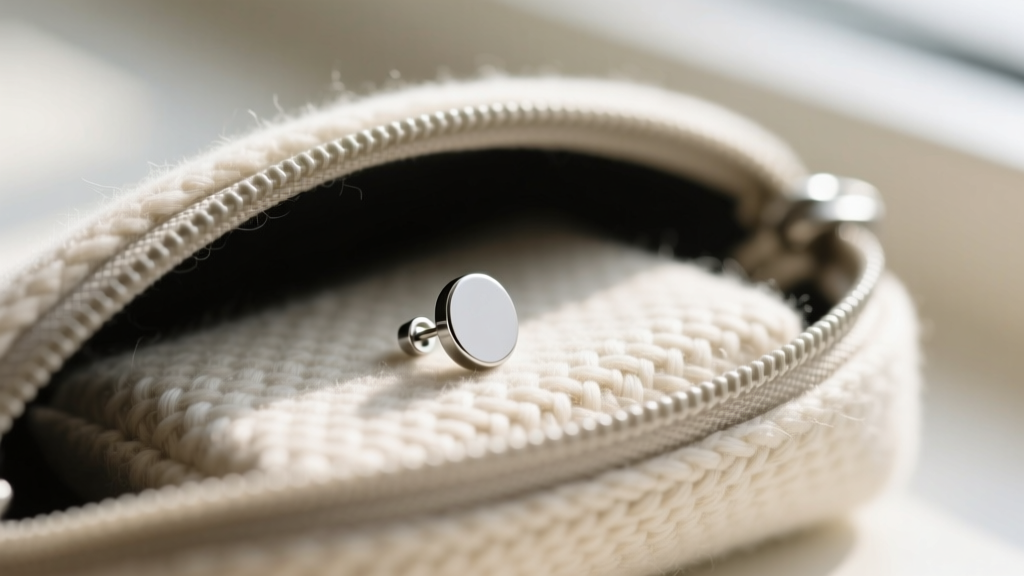 Silver stud earring on anti-tarnish flannel inside a zippered pouch, highlighting the woven fabric texture and matte finish.