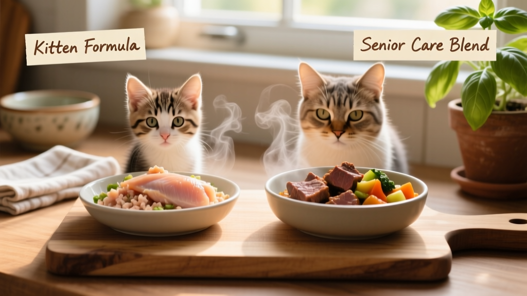 Side-by-side comparison of FurPetVo kitten and senior meals, highlighting texture differences and gentle steam-cooking process