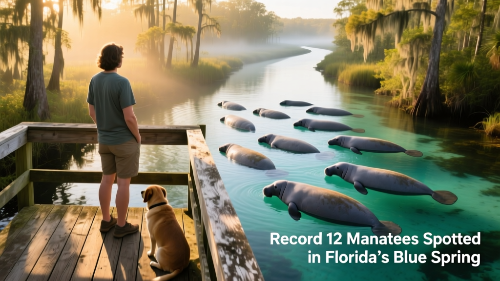 Visitor at Blue Spring State Park observing manatees from a wooden observation deck overlooking the spring run