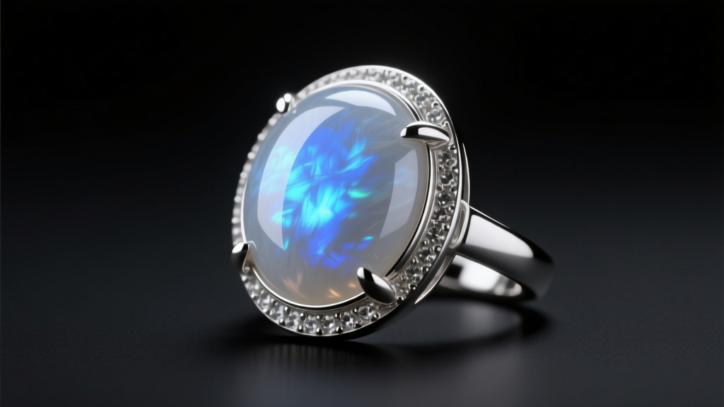Gray moonstone cabochon with blue sheen, set in an 18-gauge sterling silver bezel to protect its fragile edges from chipping.