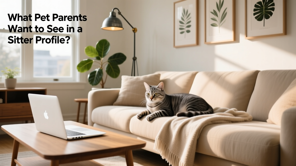 A clean, well-organized living room with a cat curled up on a sofa and a laptop open nearby
