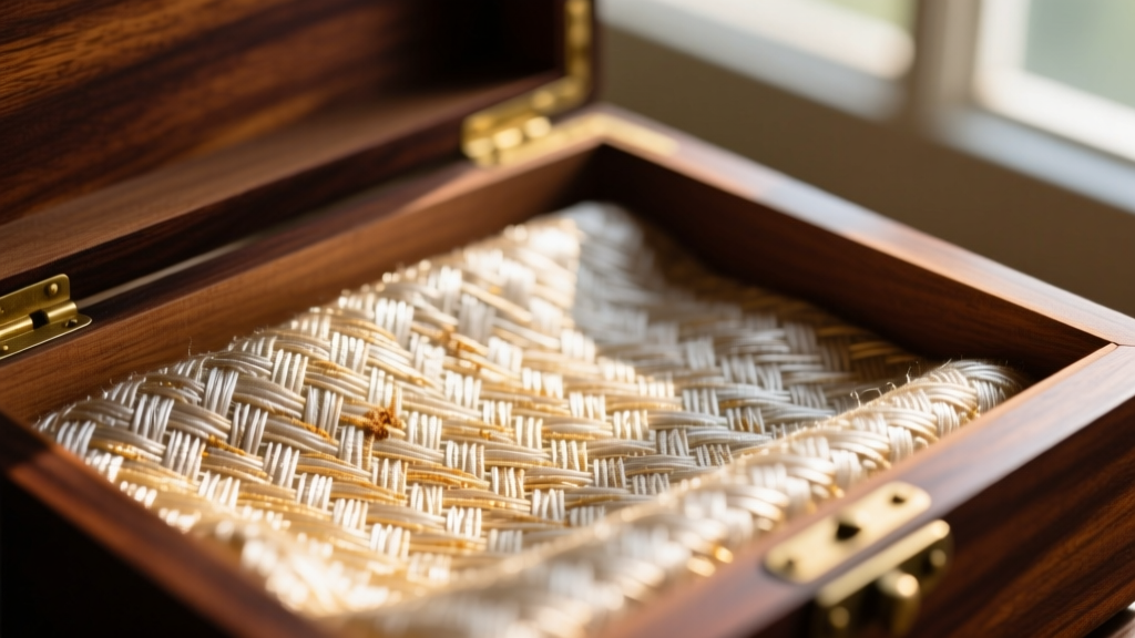 Macro shot of Pacific Silvercloth lining inside a mahogany box, showing the fine woven texture and tarnish-absorbing fibers.