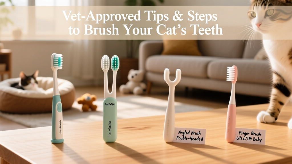 Side-by-side display of four FurPetVo toothbrush types: angled brush, double-headed brush, finger brush, and ultra-soft baby brush