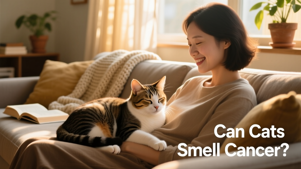 Warm, natural-light photo of a relaxed cat curled beside its human on a sofa
