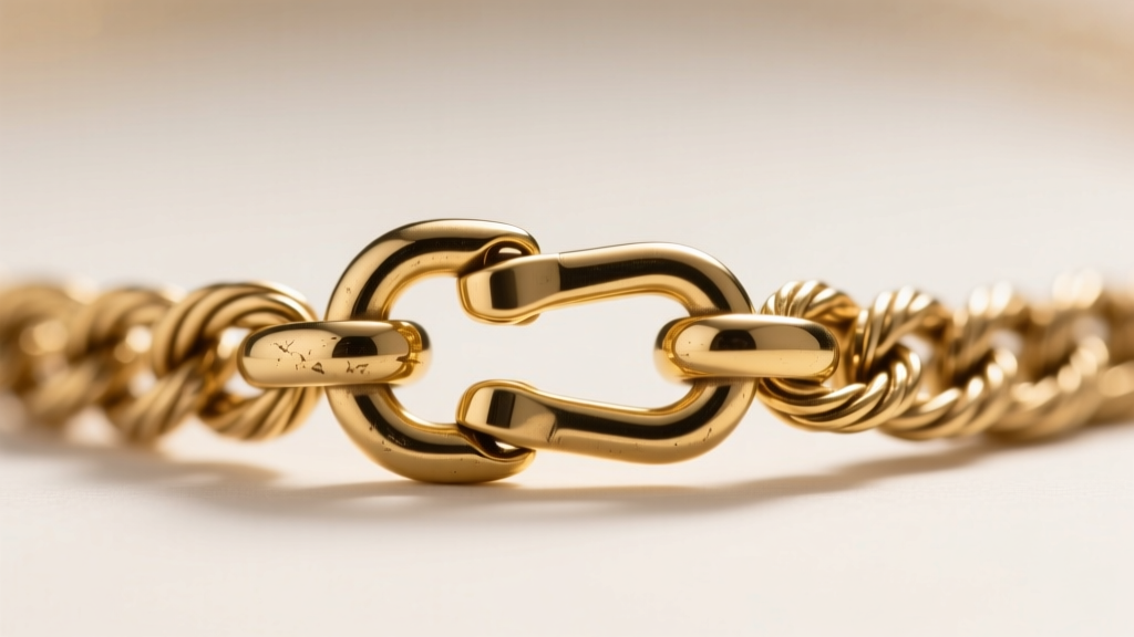 Macro shot of a gold-plated brass rope chain necklace clasp, highlighting the metal texture and a secure lobster claw clasp.