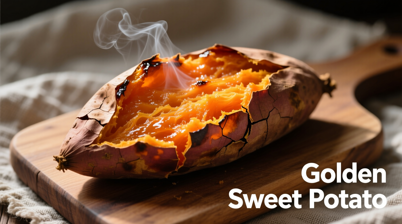 Baked sweet potato with skin showing vibrant orange interior