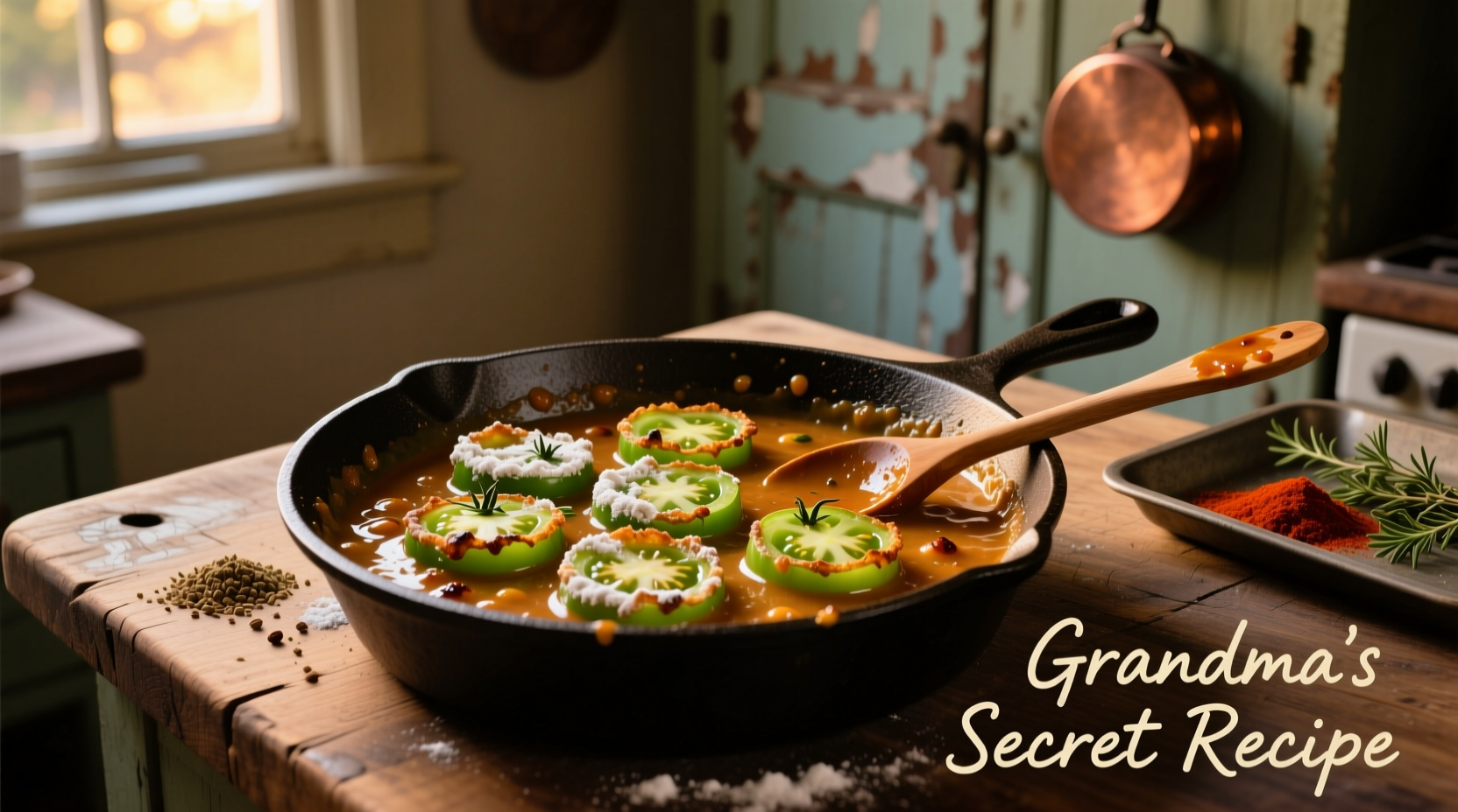 Homemade fried green tomato sauce in cast iron skillet