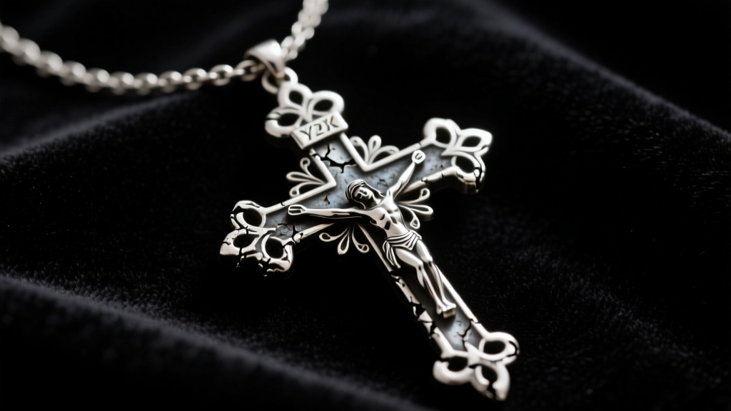 Close-up of a distressed silver Y2K crucifix necklace on dark velvet, highlighting gothic detailing and oxidized crevices.