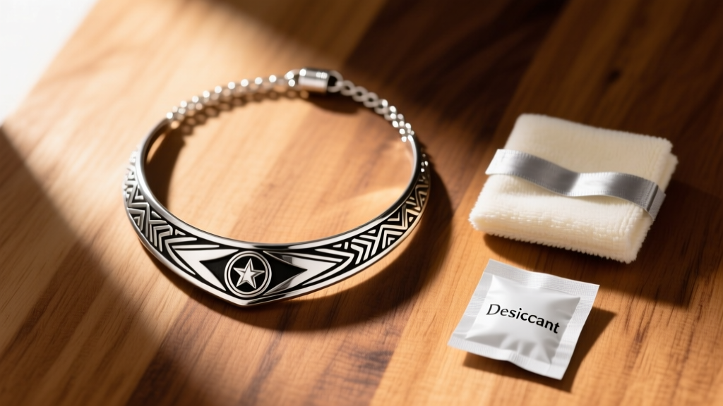 Flat lay of a stainless steel Puerto Rican necklace next to anti-tarnish strips, a microfiber cloth, and a silica packet on wood