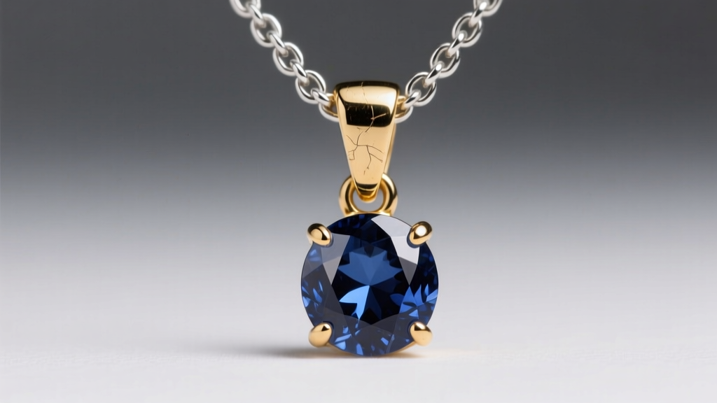 Close-up of a 1.2mm platinum box chain threading through a worn 14k gold bail on a sapphire solitaire necklace pendant setting.