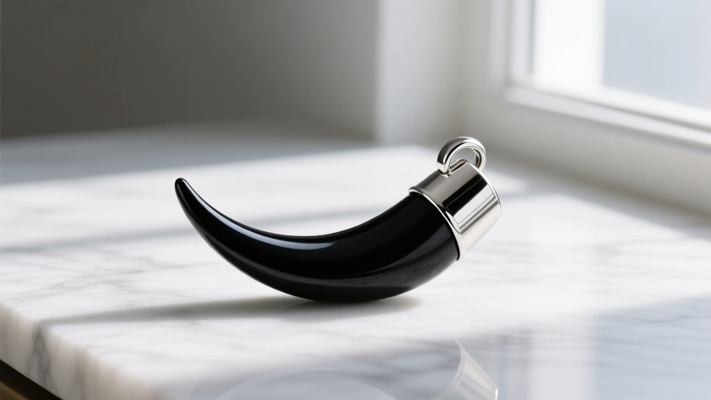 Black obsidian Italian horn pendant with a silver cap on white marble, showing the dark stone's highly reflective, glossy surface.