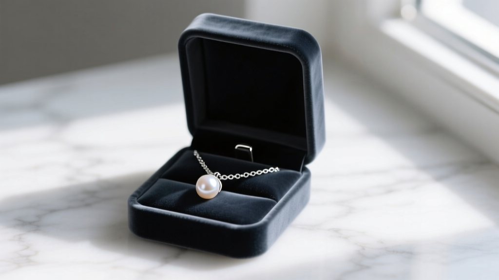 Open velvet box revealing a micro sterling silver paperclip necklace with a pearl pendant resting on a white marble surface.