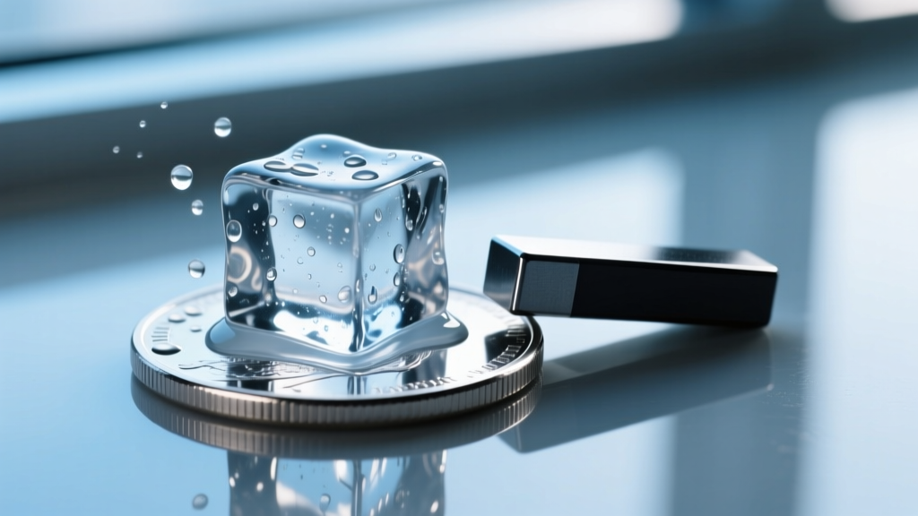 An ice cube rapidly melting on a polished silver coin next to a neodymium magnet, demonstrating high thermal conductivity