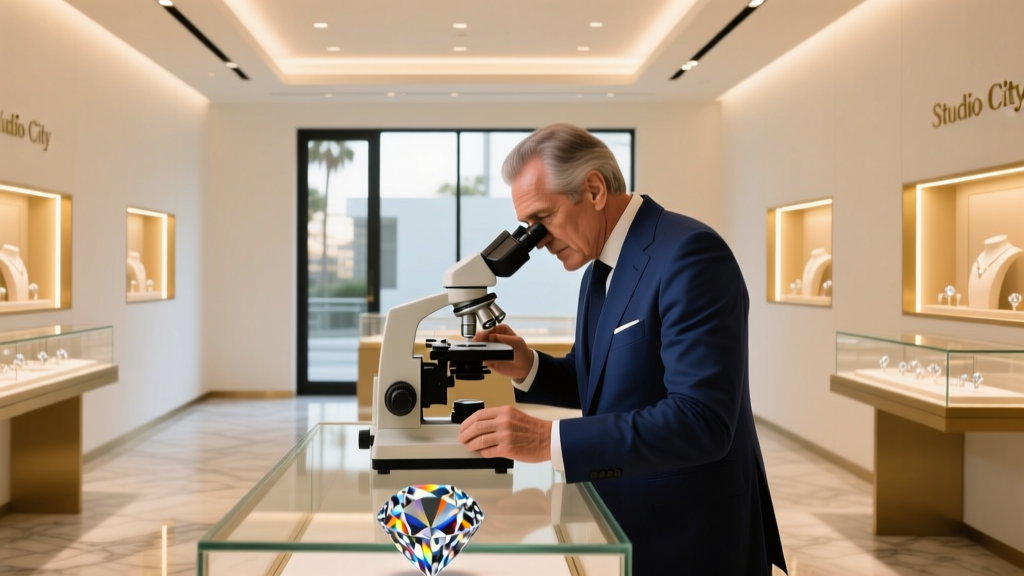 Expert gemologist inspecting a diamond under a microscope in a modern, warmly lit jewelry gallery showroom located in Studio City.