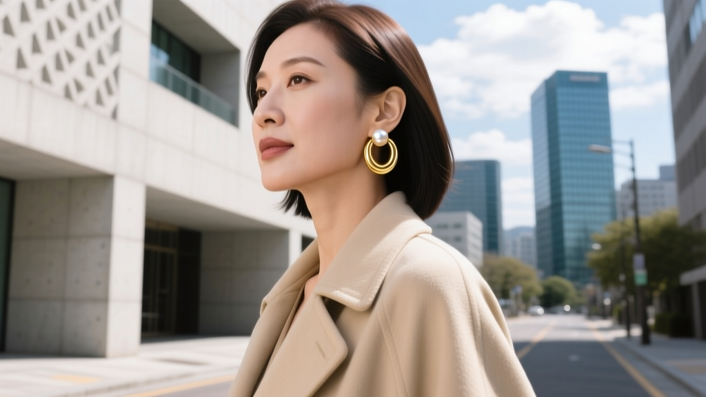 Stylish woman in Seoul wearing asymmetric 18k gold vermeil huggie earrings and a delicate baroque pearl ear cuff in soft daylight.