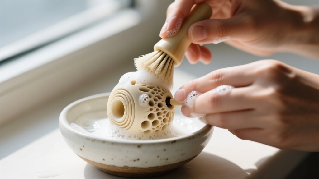 Hands gently scrubbing a porous carved bone bead with a soft bristle brush and mild castile soap suds over a small ceramic bowl.