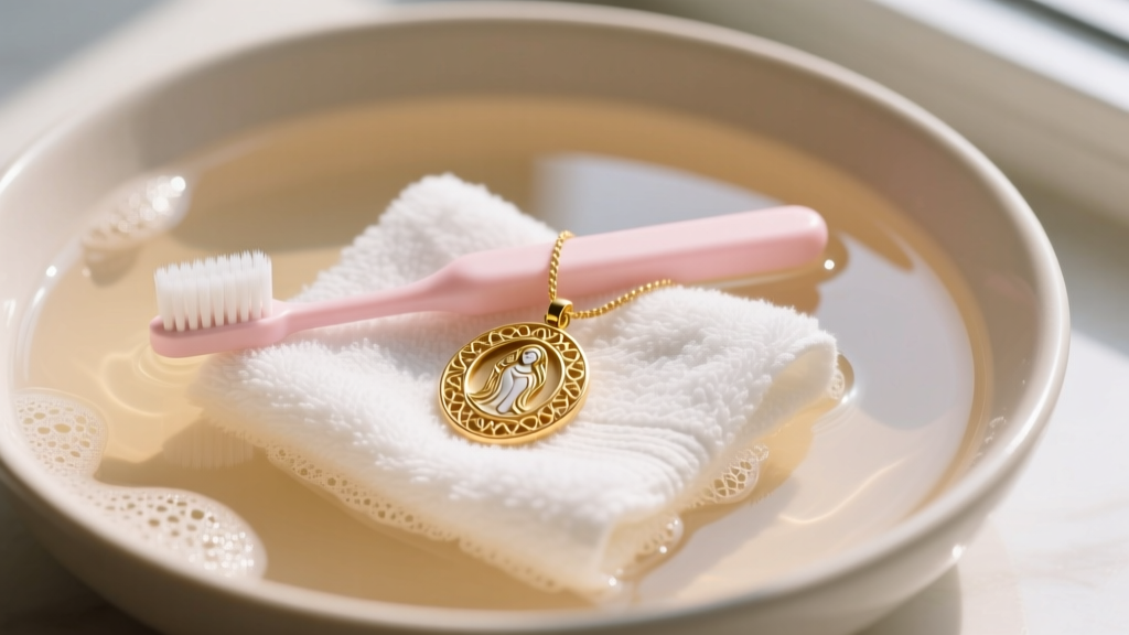 Warm soapy water cleaning setup, a soft baby toothbrush, and a gold vermeil St Monica pendant resting on a clean microfiber towel