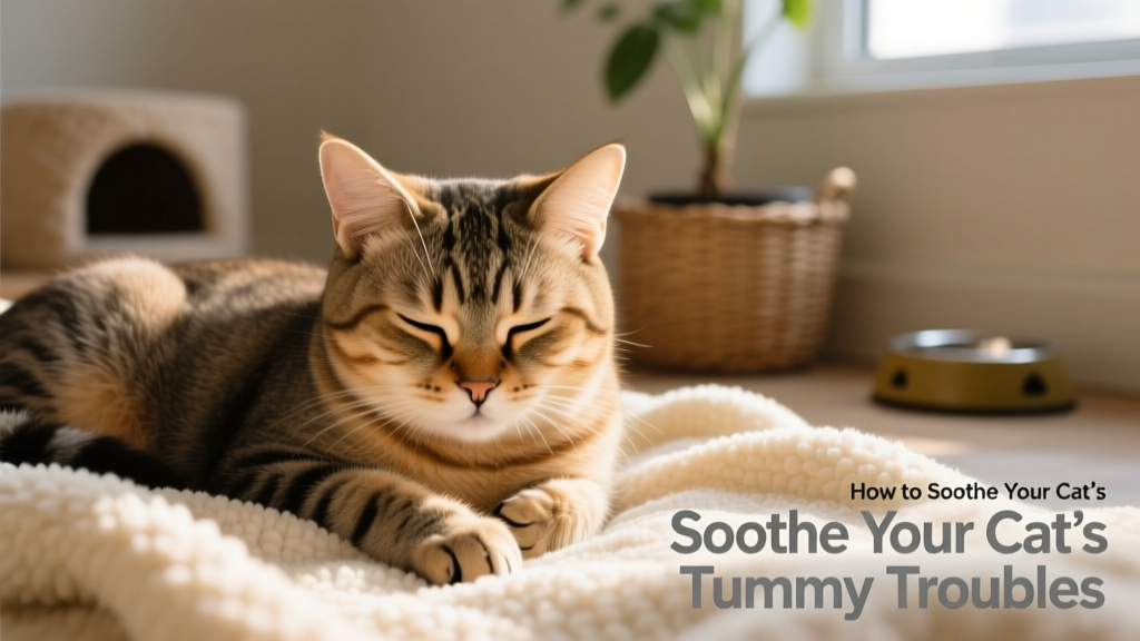 Close-up photo of a calm, slightly sleepy cat resting on a soft blanket, showing subtle signs of discomfort like half-closed eyes and tucked paws