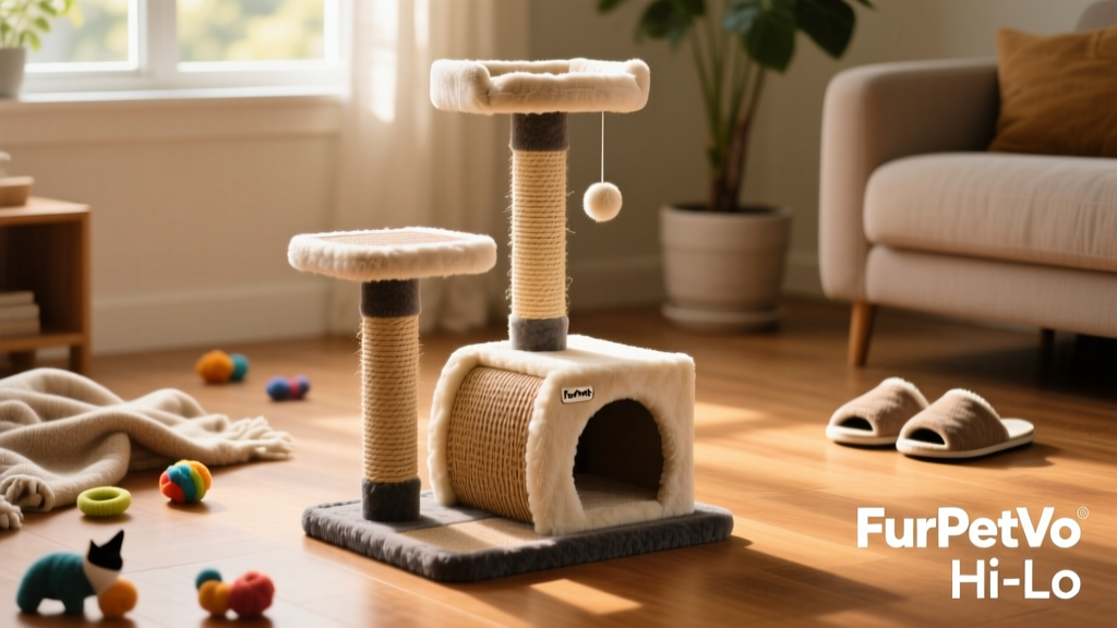 Side view of the FurPetVo Hi-Lo Cat Scratcher showing its three height settings and textured surfaces
