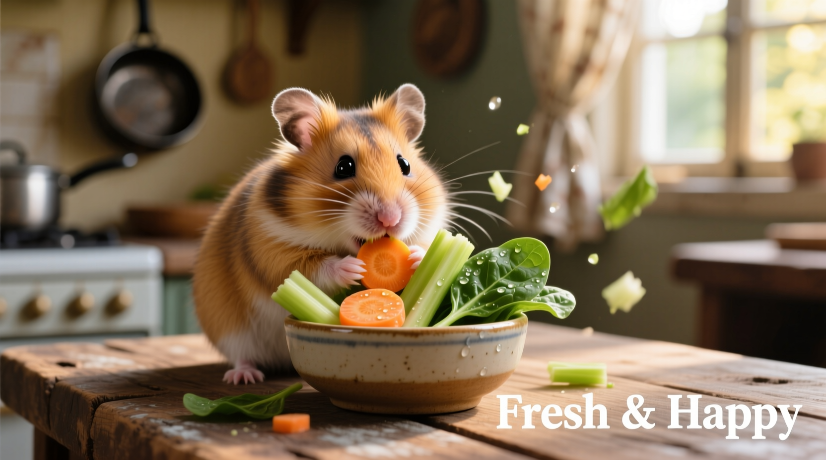 Hamster eating fresh vegetables from small bowl
