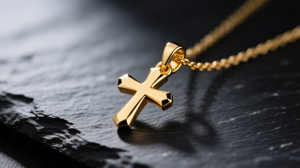 Macro shot of a 14k yellow gold tiny cross pendant on dark slate, showing beveled edges and polished bail in soft light.