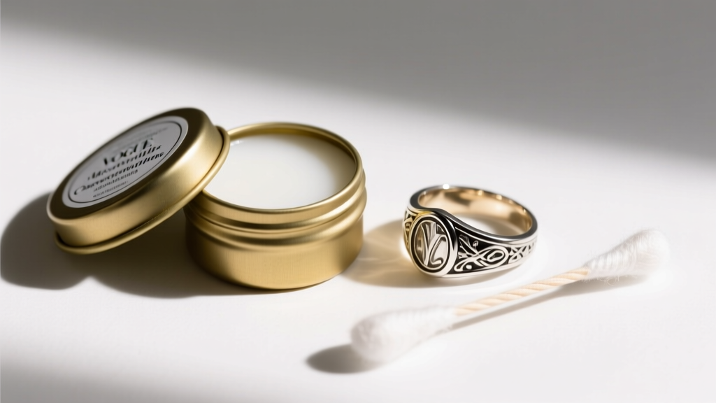 Small tin of micro-crystalline conservation wax open next to polished silver-plated brass cocktail ring and a soft cotton swab.