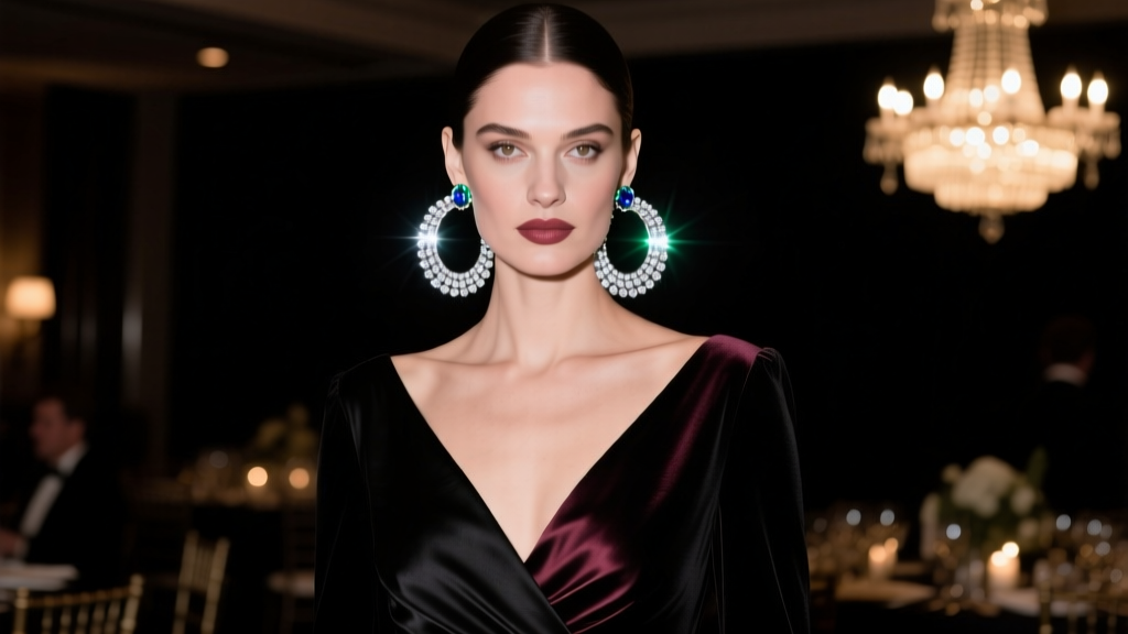 Woman wearing 50mm silver large rhinestone hoop earrings at a dimly lit gala, showcasing sparkle against a dark evening gown