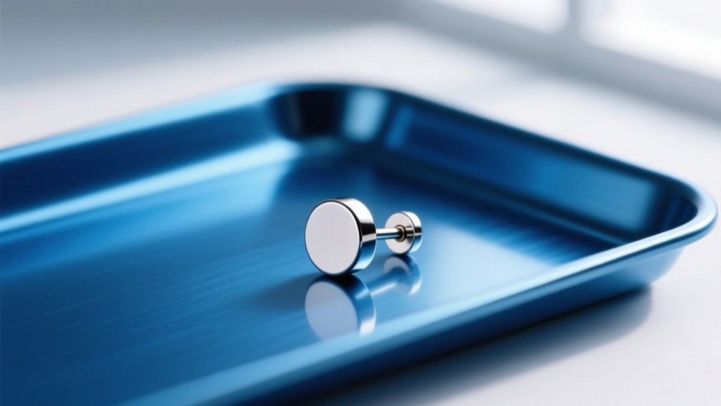 Macro shot of an implant grade titanium threadless piercing earrings stud with flat back on a sterile blue surgical metal tray.