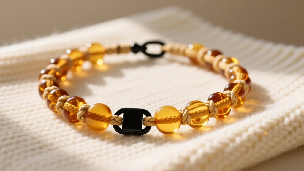 Honey Baltic amber teething necklace on cream blanket, showing individual knots and a black breakaway safety clasp in soft light.