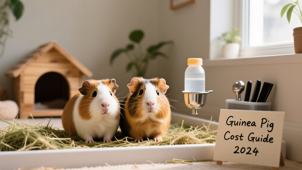 Two friendly guinea pigs sitting side by side in a clean, well-equipped habitat with hay and a small hideout