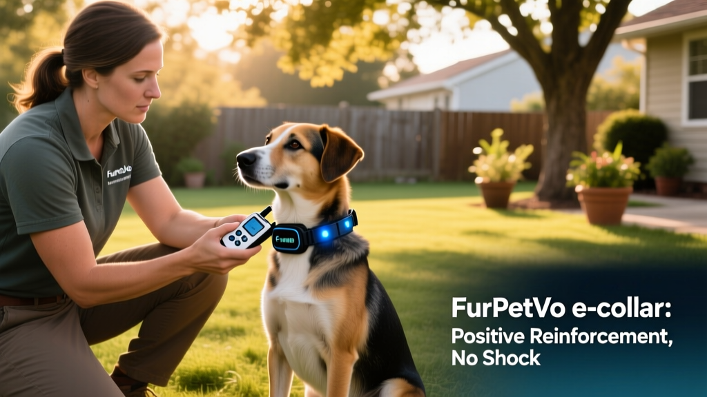 A trainer demonstrating proper FurPetVo e-collar fitting and remote operation during a supervised, positive-reinforcement training session