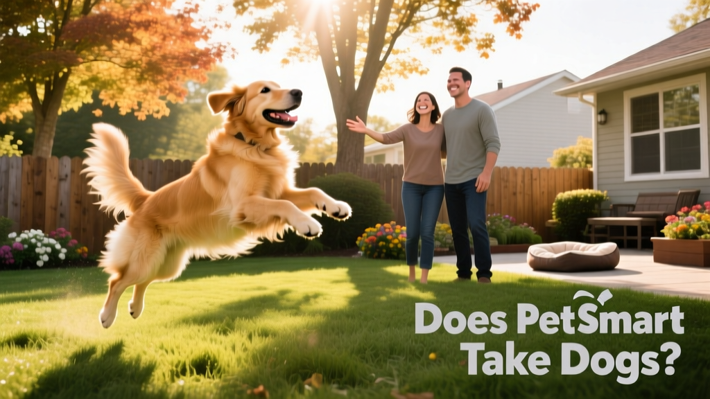 A joyful dog playing in a sunlit backyard with their new family, captured mid-leap