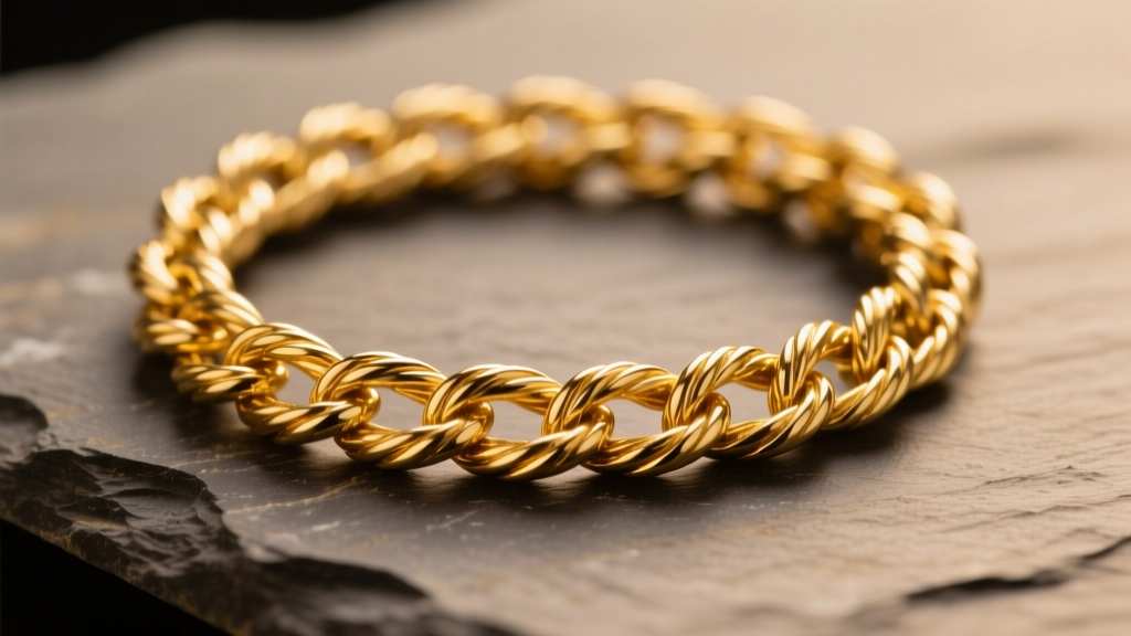 Macro shot of an 18k yellow gold rope chain on slate, showing intricate twisted links and warm luster under soft studio lighting.