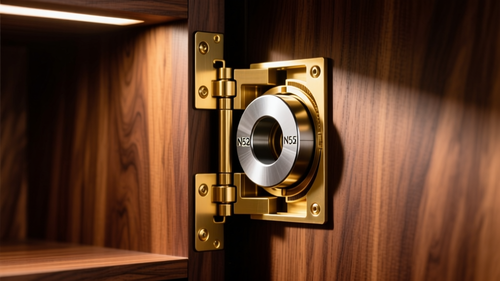 Cross-section style photo of an N52 neodymium magnet hidden inside the brass hinge of a luxury walnut wood jewelry armoire